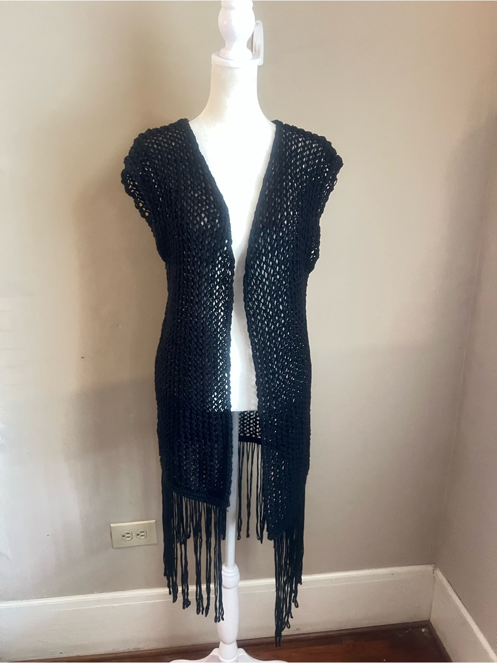 BOHO Mango Black Open-Weave Fringe Vest